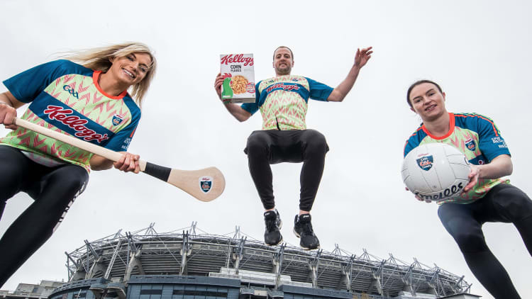 Galway Camogie captain Sarah Dervan, Donegal star Michael Murphy, and Dublin Ladies Footballer Sinead Aherne pictured at the Kellogg's GAA Cul Camps launch at Croke Park.