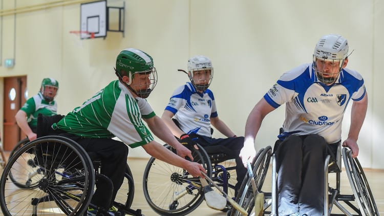 Stephen Melvin of Connacht in action against Alex Hennerbry of Leinster during the Round One of the 2018 M. Donnelly GAA Wheelchair Hurling League match between Connacht and Leinster at Holy Rosary College in Mountbellew, Galway.