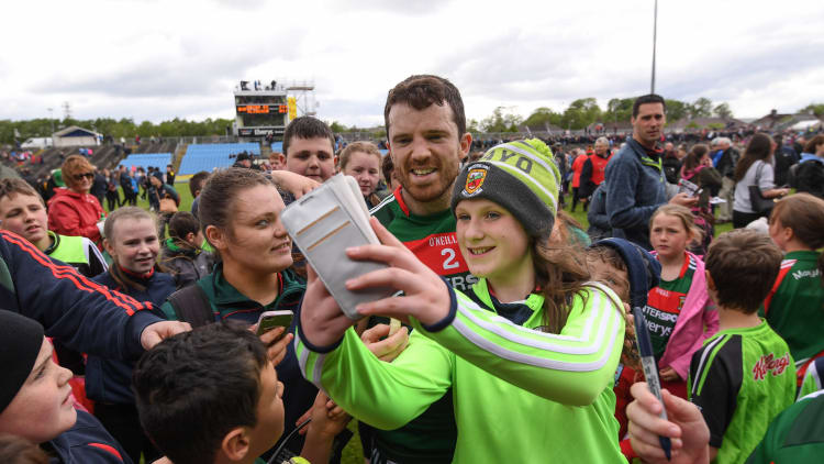 Chris Barrett with Mayo supporters following the game at Elverys MacHale Park.