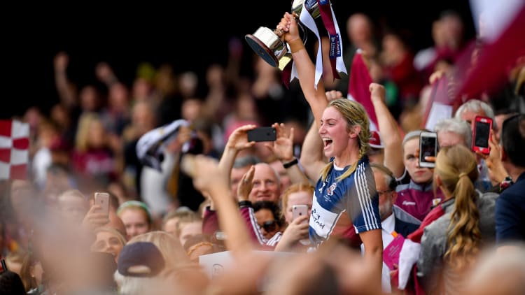 Westmeath captain Mairéad McCormack lifts the Jack McGrath Cup at Croke Park.