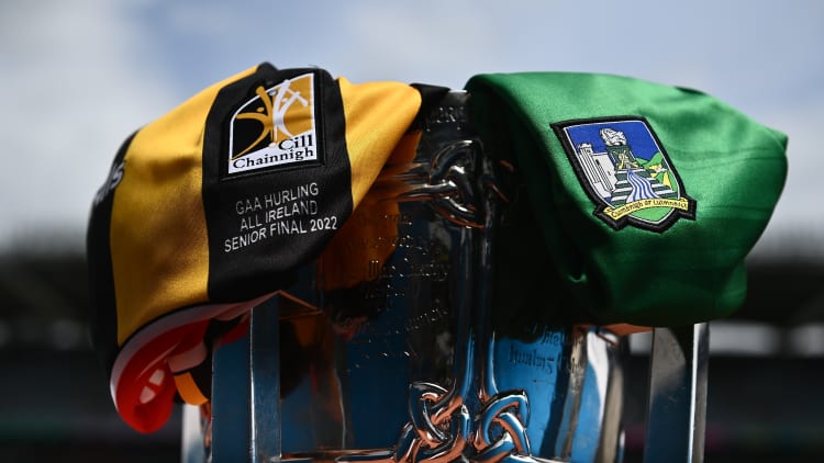 The Liam MacCarthy Cup with a Limerick and Kilkenny jersey and ahead of the GAA Hurling All-Ireland Senior Championship Final.