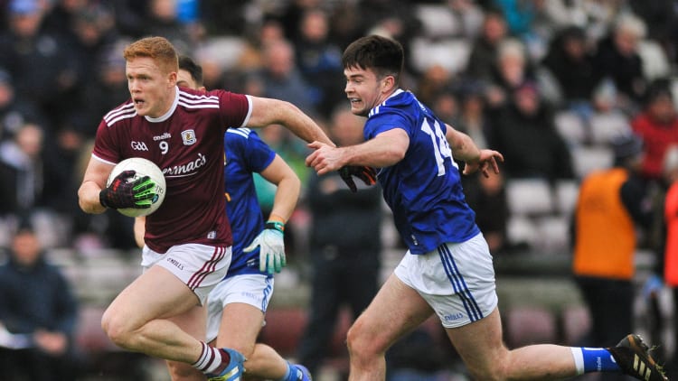 Kieran Duggan of Galway in action against Thomas Galligan of Cavan during the Allianz Football League Division 1 Round 1 match between Galway and Cavan at Pearse Stadium in Galway.