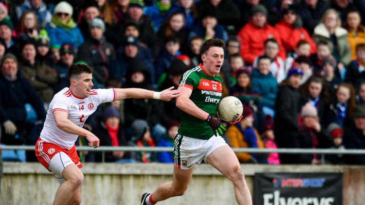 Diarmuid O Connor, Mayo, and Connor McAliskey, Tyrone, in action at Elverys MacHale Park.