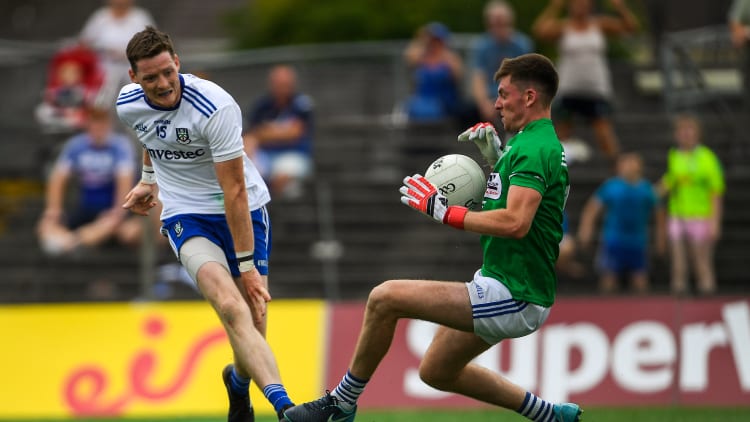 Graham Brody of Laois saves a shot at goal by Conor McManus of Monaghan during their All-Ireland SFC Qualifier Round 4 match.
