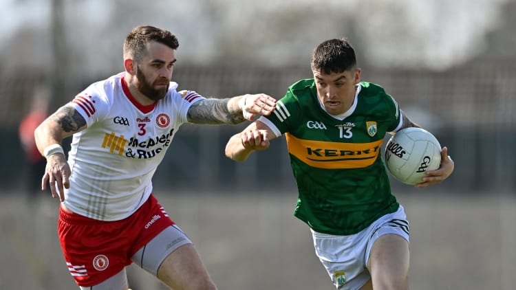 Tony Brosnan, Kerry, and Ronan McNamee, Tyrone, in Allianz Football League action.