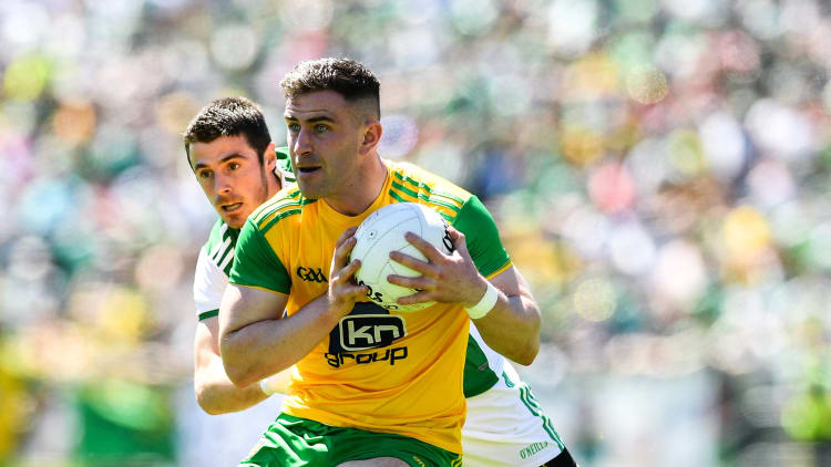 Patrick McBrearty of Donegal in action against Michael Jones of Fermanagh during the 2018 Ulster SFC Final.