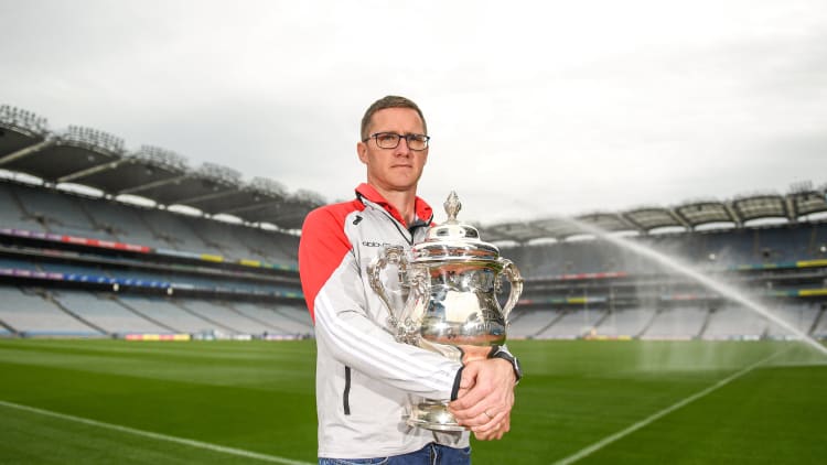 Sligo manager, Tony McEntee, pictured with the Tailteann Cup at Croke Park.