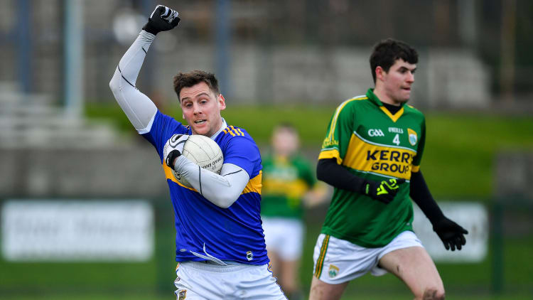 Conor Sweeney of Tipperary calls for a mark ahead of Sean T Dillon of Kerry during the 2020 McGrath Cup Group B match between Tipperary and Kerry at Clonmel Sportsfield in Clonmel, Tipperary.