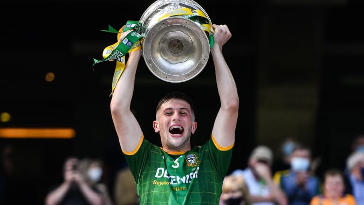 Meath captain Liam Kelly lifts the Tom Markham Cup after the Electric Ireland GAA Football All-Ireland Minor Championship Final match between Meath and Tyrone at Croke Park in Dublin.