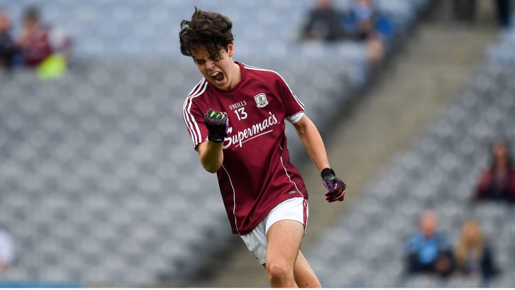 Eoghan Tinney celebrates after scoring Galway's first goal against Meath in the Electric Ireland All-Ireland Minor Football semi-final.