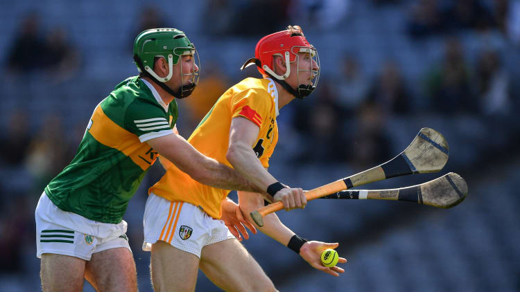 James McNaughton, Antrim, and Tommy Walsh, Kerry, during the Joe McDonagh Cup Final at Croke Park.