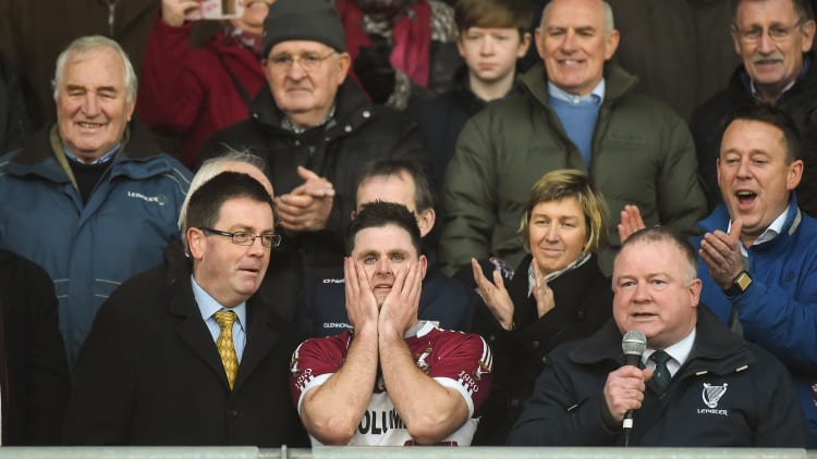 Mullinalaghta St Columba's captain Shane Mulligan waits to lift the cup after victory over Kilmacud Crokes in the AIB Leinster GAA Football Senior Club Championship Final.