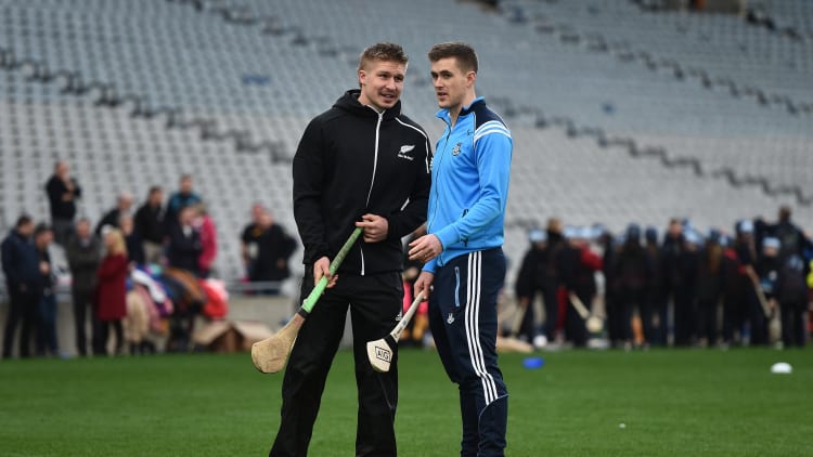 Dublin Hurler Sean Moran, right, alongside All Blacks star Jack Goodhue during the AIG Heroes Event at Croke Park, Dublin.