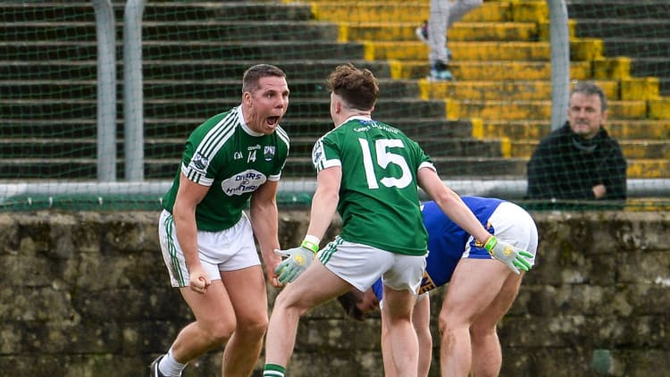 Kevin Cassidy of Gaoth Dobhair celebrates with Eamonn Colum after the Donegal County Senior Club Football Championship semi-final match between Kilcar and Gaoth Dobhair at MacCumhaill Park in Ballybofey, Donegal.