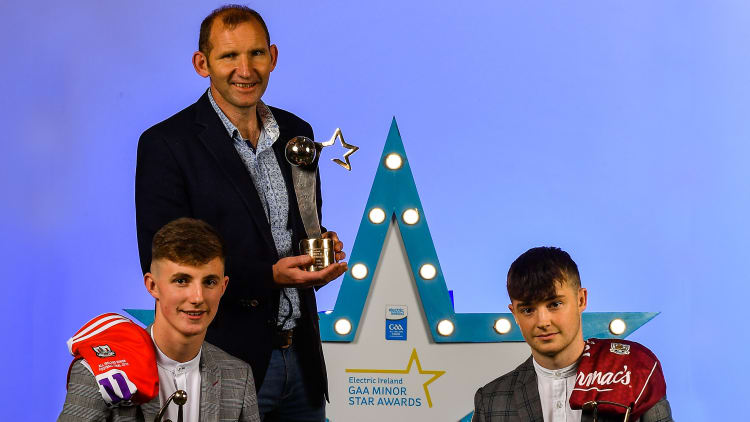 Cork's Conor Corbett, 2019 Minor Footballer of the Year, and Galway's, Seán McDonagh, 2019 Minor Hurler of the Year, and Fergal O’Donnell, 2019 Special Merit Awardee for his significant contribution to Minor Football, pictured at the 2019 Electric Ireland GAA Minor Star Awards.