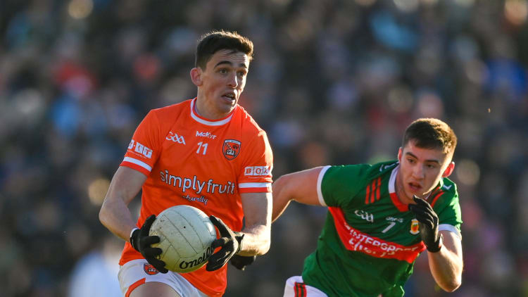 Rory Grugan, Armagh, and Enda Hession, Mayo, in Allianz Football League action at Box-It Athletic Grounds in Armagh. Photo by Brendan Moran/Sportsfile