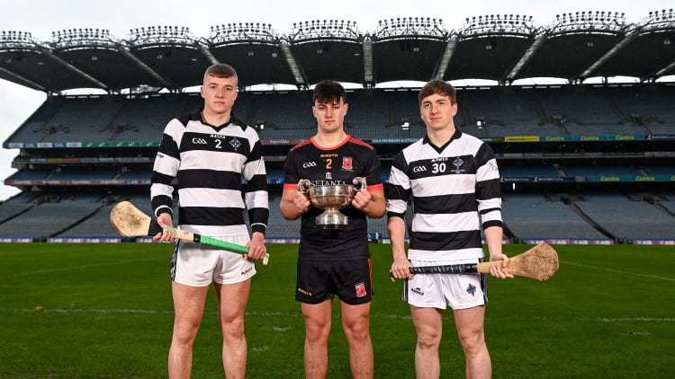 In attendance at the Masita GAA All-Ireland Post Primary Schools Championships captain's call at Croke Park in Dublin is Joe Fitzpatrick, left, and Conor Cody of St Kieran's College, Kilkenny, and Vince Harrington of Ardscoil Ris, Limerick. The Masita GAA All-Ireland Post Primary Schools Croke Cup and the Masita GAA All-Ireland Post Primary Schools Hogan Cup will be played in Croke Park on St Patrick’s Day, 17th March 2022.