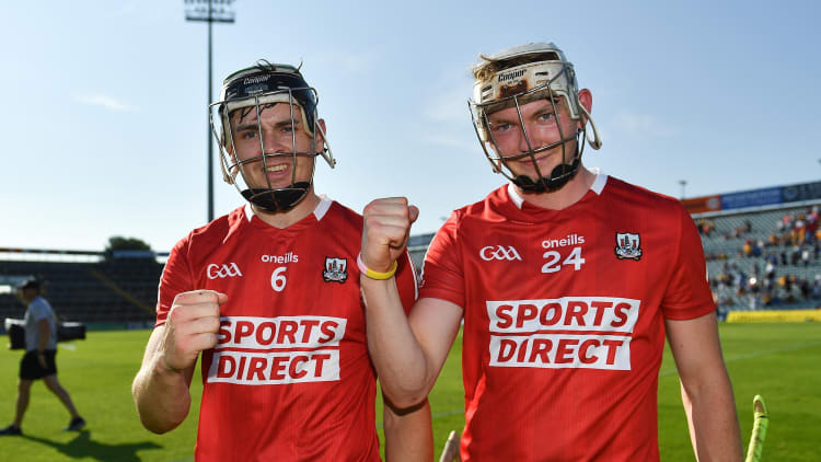 Cork players Mark Coleman, left, and Shane Barrett after the GAA Hurling All-Ireland Senior Championship Round 2 match between Clare and Cork at LIT Gaelic Grounds in Limerick.