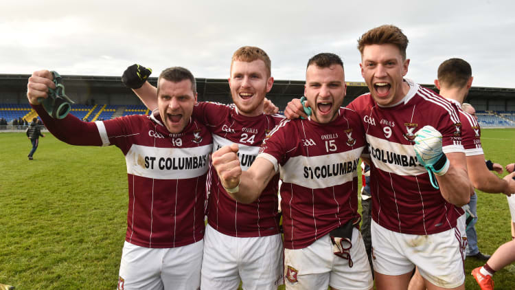Conor McElligott, Eoghan Keegan, Aidan McElligott and John Keegan celebrate a famous victory for St Columba's, Mullinalaghta.