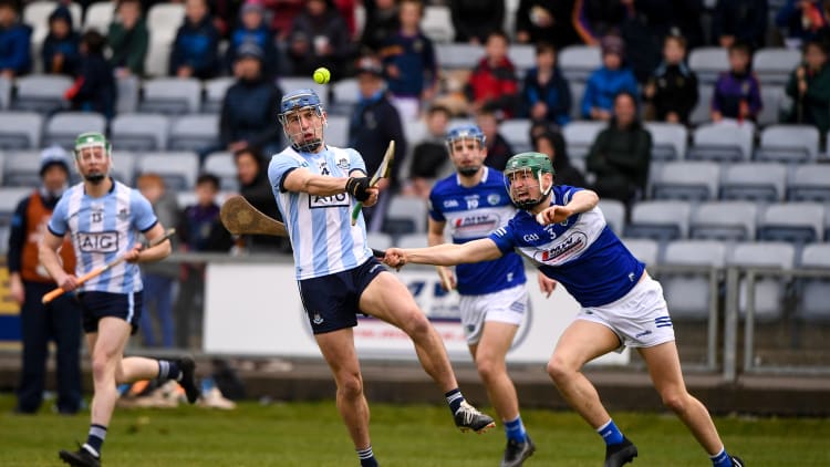 Paul Crummey of Dublin in action against Sean Downey of Laois during the Allianz Hurling League Division 1 Group B match between Laois and Dublin at MW Hire O'Moore Park in Portlaoise, Laois.