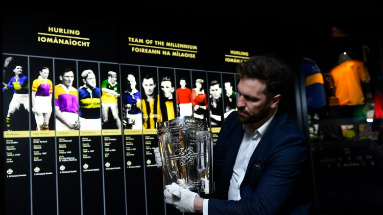 Paul Cashin, GAA Museum Front of House Manager and former Carlow Football captain, gives the Liam MacCarthy cup one final polish before re-opening the museum and Tours at Croke Park.