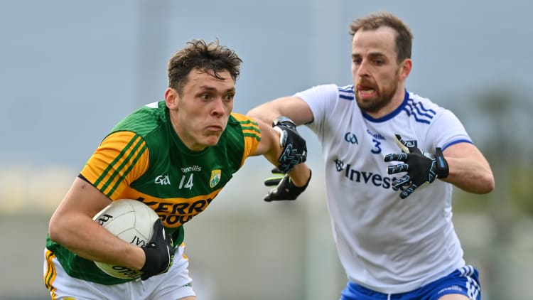 David Clifford of Kerry is tackled by Conor Boyle of Monaghan during the Allianz Football League Division 1 Round 6 match between Monaghan and Kerry at Grattan Park in Inniskeen, Monaghan.