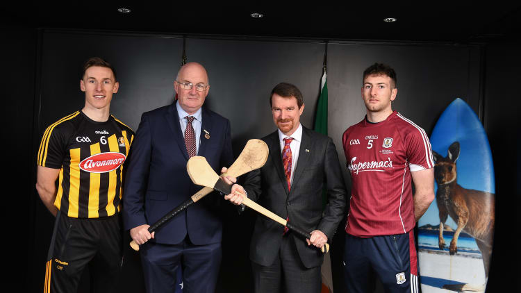 Kilkenny's Cillian Buckley, Uachtarán Chumann Lúthchleas Gael John Horan, Australian Ambassador to Ireland Richard Andrews, and Galway's Padraic Mannion pictured ahead of the Wild Geese Trophy match in Sydney.
