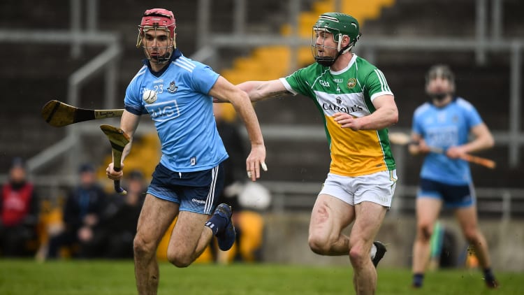 Danny Sutcliffe of Dublin in action against Paddy Rigney of Offaly during the Allianz Hurling League Division 1B Round 2 match between Offaly and Dublin at Bord Na Mona O'Connor Park in Tullamore, Co. Offaly.