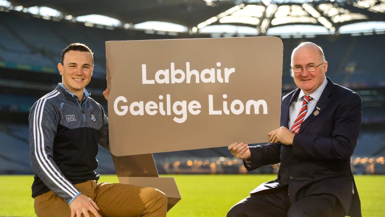 Dublin hurler Liam Rushe and GAA President John Horan pictured at the #GAAGaeilge launch at Croke Park on Tuesday.