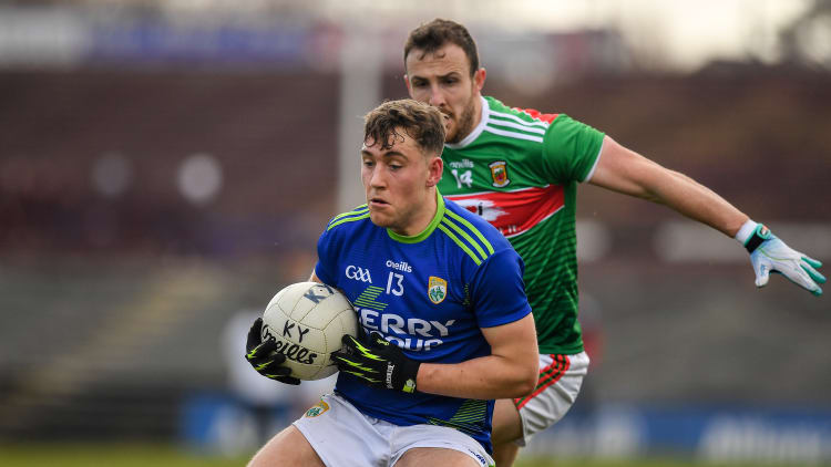 Dara Moynihan, Kerry, and Darren Coen, Mayo, during the Allianz Football League Division One encounter at Elverys MacHale Park.