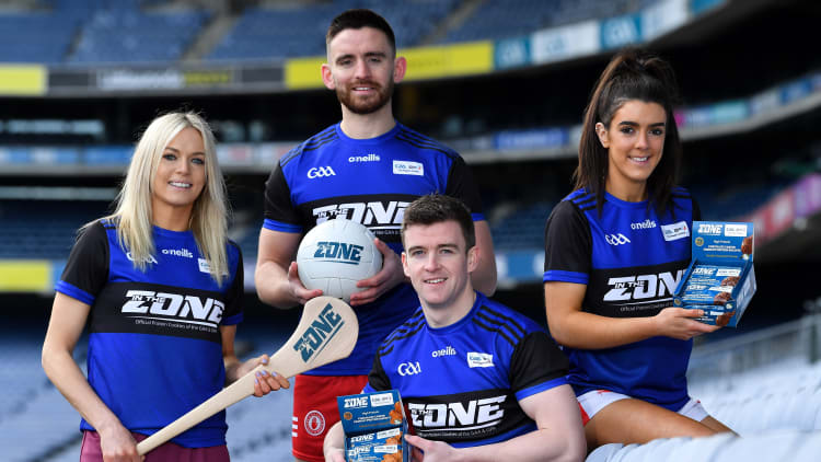 In attendance at the In the Zone – The Official Protein Cookies & Biscuits of the GAA & GPA Launch event at Croke Park in Dublin are, from left, Sarah Dervan of Galway, Padraig Hampsey of Tyrone, Tony Kelly of Clare and Erika O'Shea of Cork.