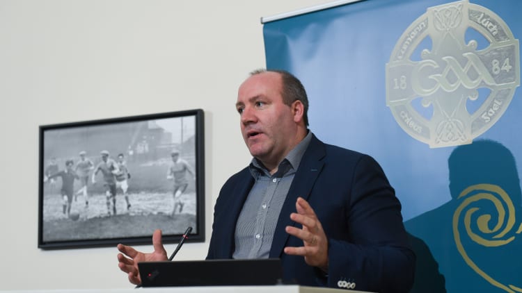 Committee Member Brian Cuthbert speaking at the Launch of GAA Talent Academy and Player Development report at Croke Park in Dublin.