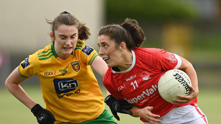 Ciara O'Sullivan, Cork, and Róisín Rodgers, Donegal, in action at Tuam Stadium.