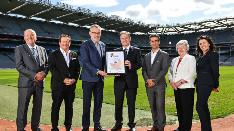 Pat Dowling, Chief Executive, Clare County Council, Chairperson of the National Network of Age Friendly Alliances, Marty Morrissey, Uachtarán Chumann Lúthchleas Gael Larry McCarthy, Peter McKenna, Stadium Director, Croke Park, Thiago Hérick de Sá, PhD., Age-friendly Environments, World Health Organisation, Kitty Hughes, Chairperson, National Network of Older People’s Councils, and Catherine McGuigan, Chief Officer, Age Friendly Ireland Shared Service, during the Croke Park Age Friendly Stadium and Age Friendly Ambassadors launch, at Croke Park in Dublin.