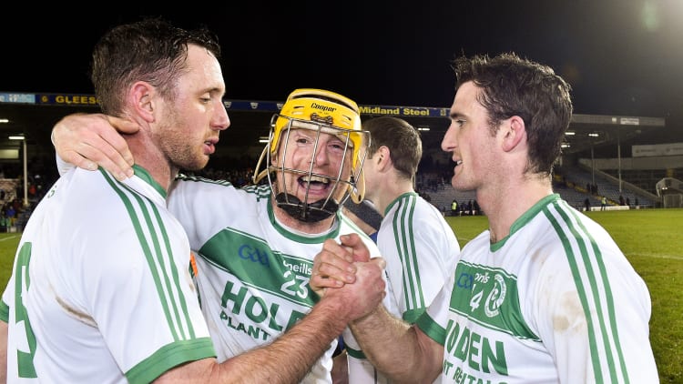 Ballyhale Shamrocks players, from left, Michael Fennelly, Mark Aylward and Colin Fennelly celebrate after the AIB GAA Hurling All-Ireland Senior Championship semi-final match between Ballyhale Shamrocks and Ballygunner at Semple Stadium in Thurles, Tipperary.