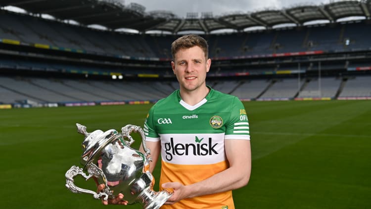 Offaly captain Johnny Moloney pictured with the Tailteann Cup at Croke Park.