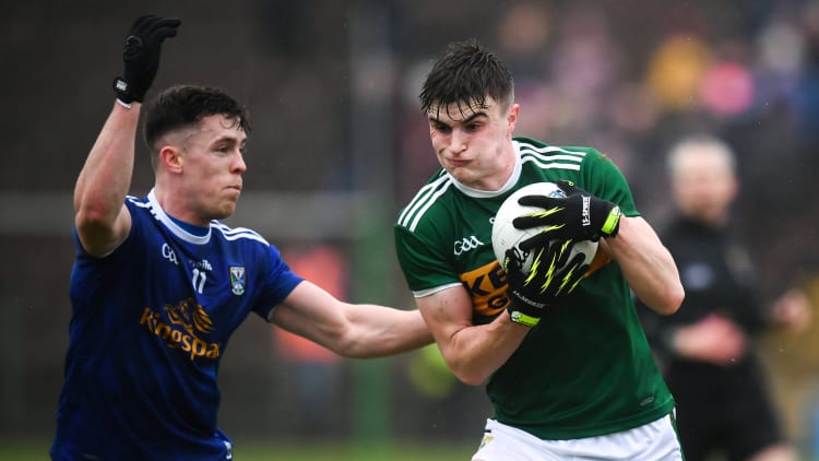 Sean O'Shea of Kerry in action against Dara McVeety of Cavan during the Allianz Football League Division 1 Round 2 match between Cavan and Kerry at Kingspan Breffni in Cavan.