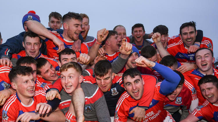St Thomas' players celebrate following Sunday's Galway SHC Final win over Liam Mellows at Pearse Stadium.