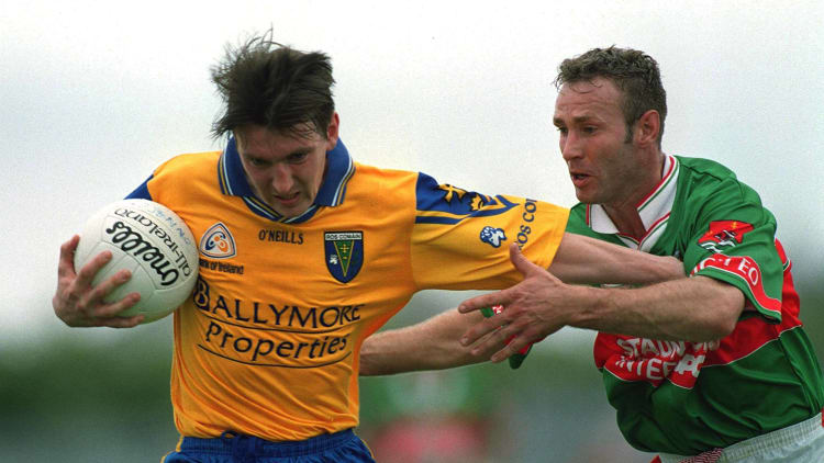 Conor Connelly in action for Roscommon against Mayo's Colm McManamon in the 2001 Connacht Senior Football Championship Final at Dr Hyde Park.