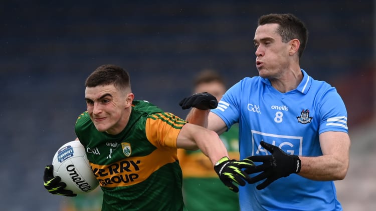Seán O'Shea, Kerry, and Brian Fenton, Dublin, in Allianz Football League action last year.