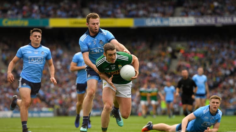Stephen O'Brien of Kerry in action against Jack McCaffrey of Dublin during the GAA Football All-Ireland Senior Championship Final match between Dublin and Kerry at Croke Park in Dublin.