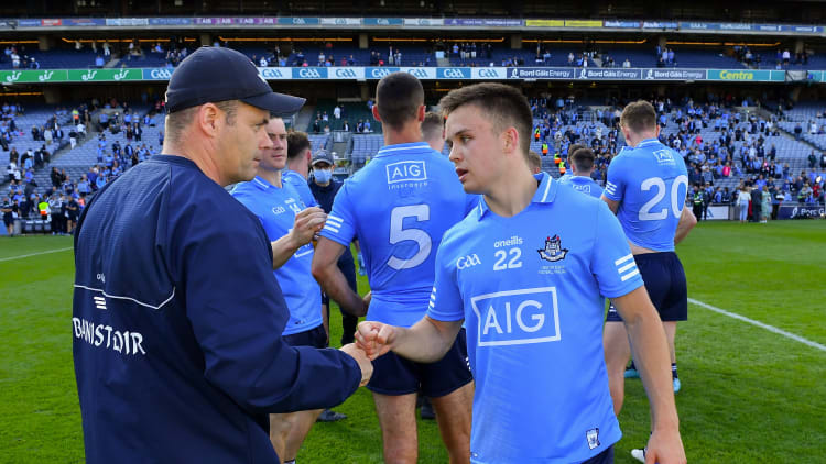 Dublin manager Dessie Farrell with Eoin Murchan after their side's victory in the Leinster GAA Football Senior Championship Final match between Dublin and Kildare at Croke Park in Dublin.