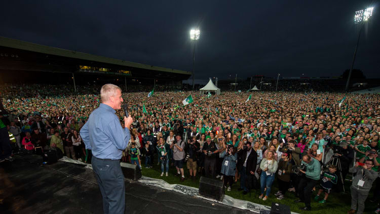 John Kiely speaking to Limerick supporters at the All Ireland homecoming at the Gaelic Grounds last August.