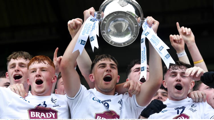 Kildare joint captain Kevin Eustace lifts the Fr Larry Murphy Cup after the Electric Ireland Leinster GAA Football Minor Championship Final match between Dublin and Kildare at Páirc Tailteann in Navan, Meath.