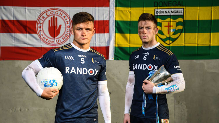 Michael McKernan of University of Ulster and Tyrone, left, and Eoghan Bán Gallagher of University of Ulster and Donegal in attendance at the launch of Electric Ireland’s Sigerson, Fitzgibbon and Higher Education Championships announcement at Clanna Gael GAA Club in Dublin.
