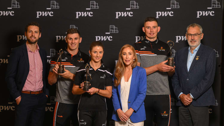 Marie Coady, PwC Partner, GPA Chief Executive Tom Parsons, left, and Uachtarán Chumann Lúthchleas Gael Larry McCarthy, right, with PwC GAA/GPA Players of the Month for July/August, from left, Galway footballer Shane Walsh, PwC GPA Player of the Month ladies football Niamh O’Sullivan and Limerick hurler Gearóid Hegarty, with their awards at PwC offices in Dublin.