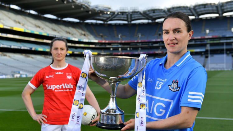 Division 1 Final captains Sinead Aherne of Dublin, right, and Martina O'Brien of Cork in attendance during the Lidl Ladies National Football League Finals captains day at Croke Park in Dublin. The Lidl Ladies National Football League Division 1 & 2 Finals take place on Saturday, June 26, at Croke Park in Dublin. Kerry play Meath in the Division 2 Final at 5pm, followed by the Division 1 Final pairing of Cork and Dublin at 7.30pm. Both games will be shown live on TG4.