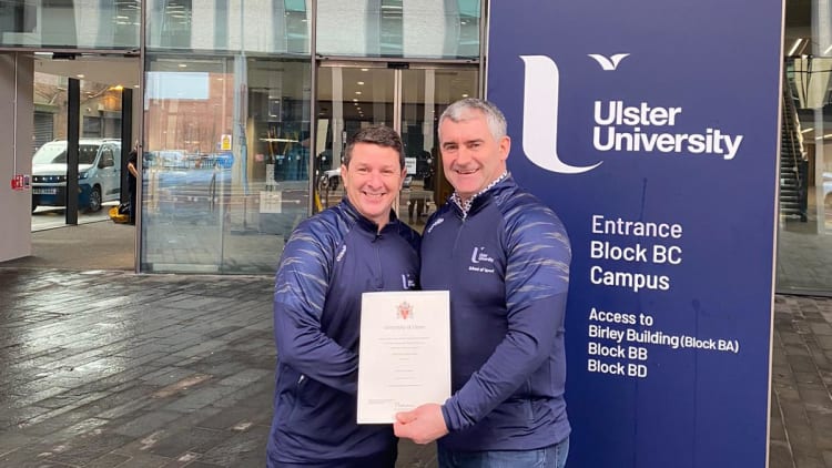 Liam Sheedy pictured receiving his Masters in Sports Coaching and Performance in Ulster University from Dr. Paul Donnelly.