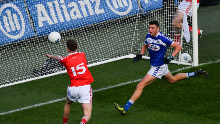 Ryan Burns netting a goal for Louth against Laois at Croke Park.
