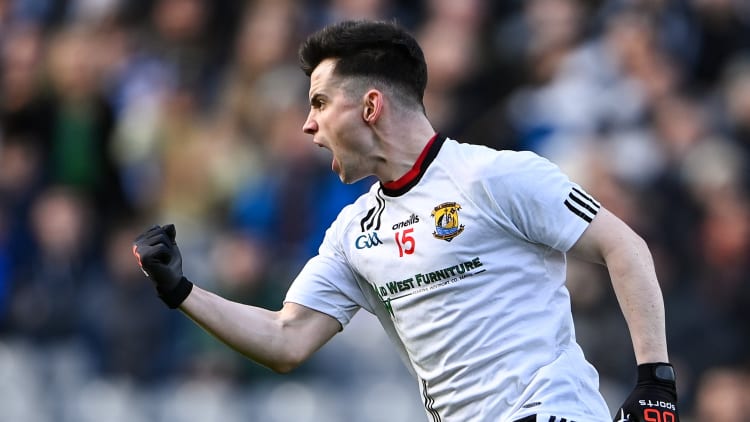 Darragh Keaveney of Kilmeena celebrates scoring a point during the AIB GAA Football All-Ireland Junior Club Championship Final match between Gneeveguilla, Kerry, and Kilmeena, Mayo at Croke Park in Dublin.